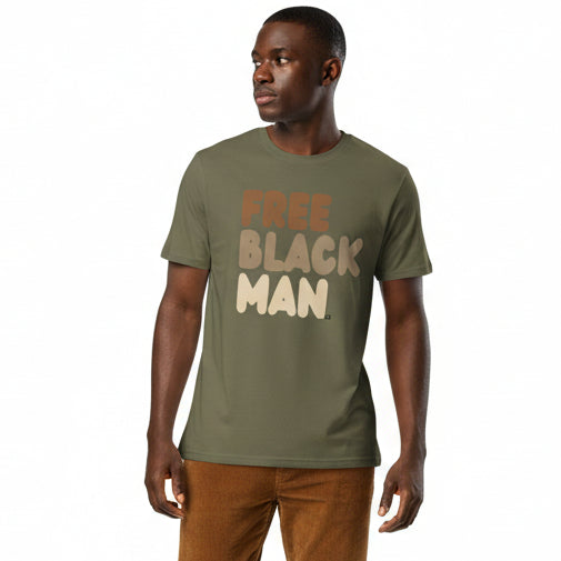 Man wearing Free Black Man Premium Unisex T-Shirt in Olive Green