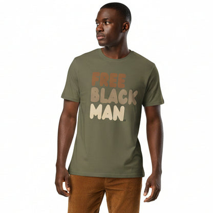 Man wearing Free Black Man Premium Unisex T-Shirt in Olive Green