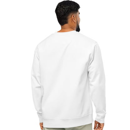 Man wearing Getting Married Premium Unisex Crew Neck White Sweatshirt from the APWT Gift Shop Back