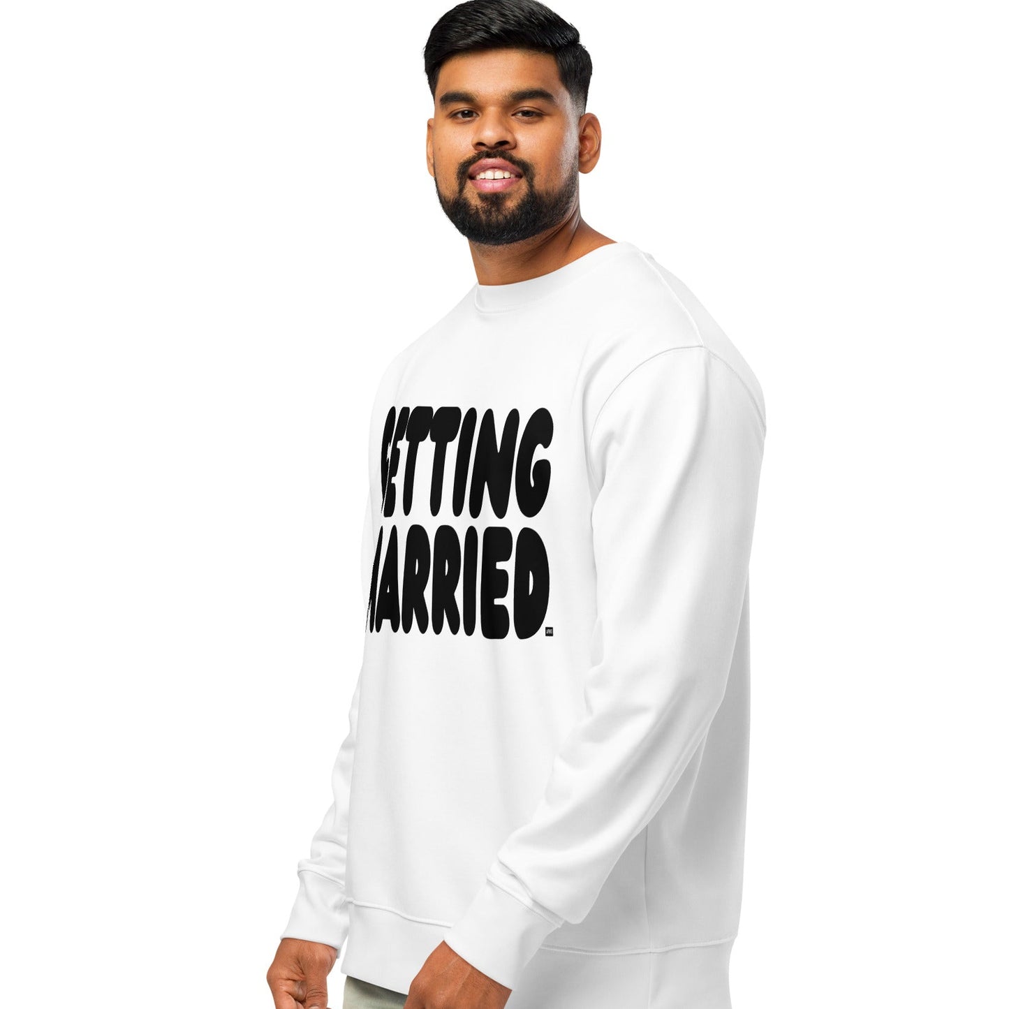Man wearing Getting Married Premium Unisex Crew Neck White Sweatshirt from the APWT Gift Shop Side
