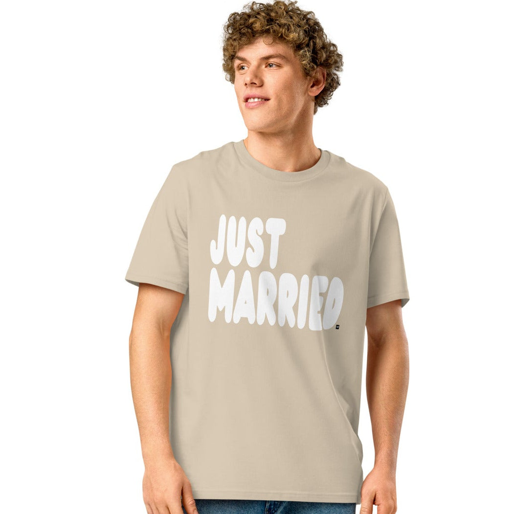 Man wearing Just Married Premium Unisex T-Shirt in Beige