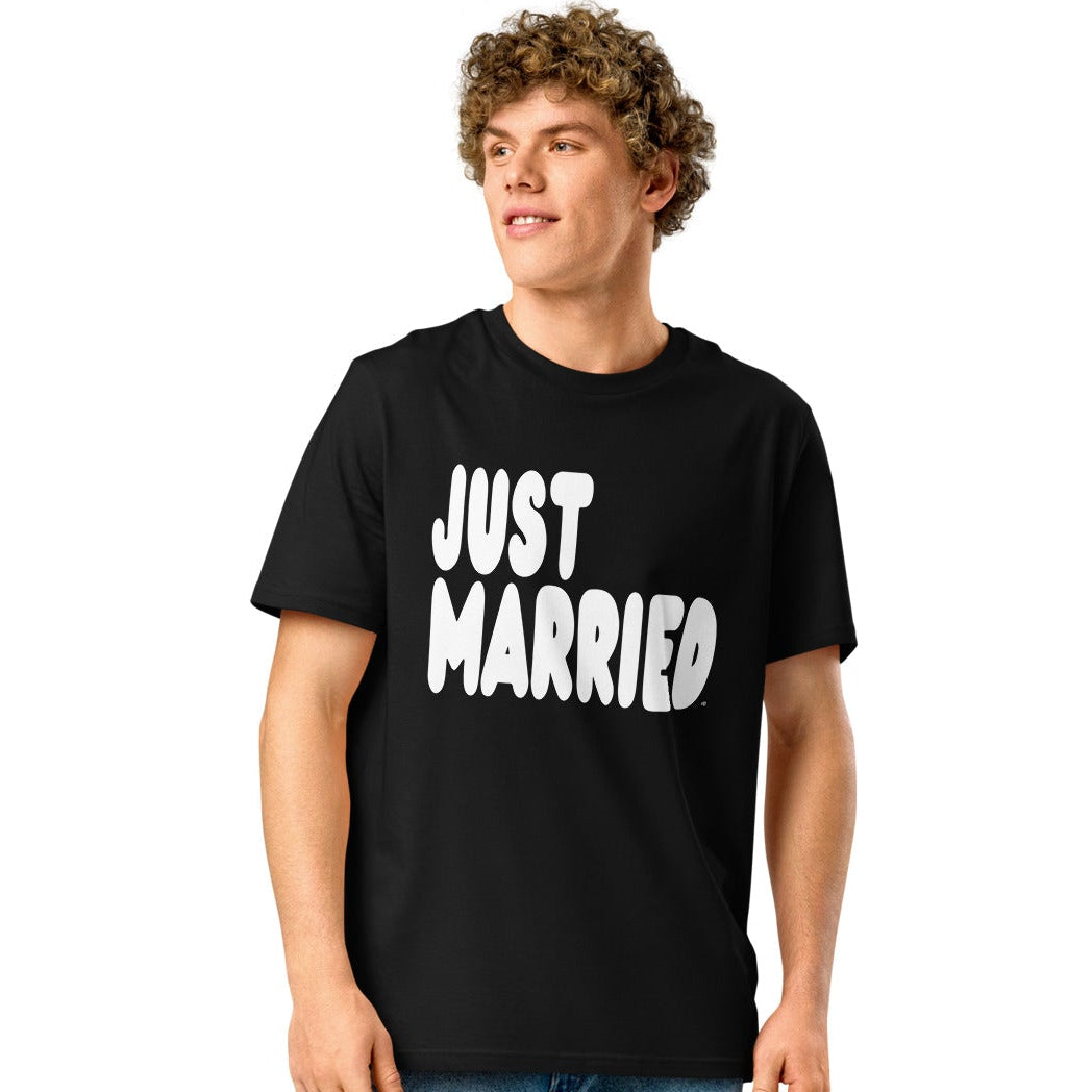 Man wearing Just Married Premium Unisex T-Shirt in Black