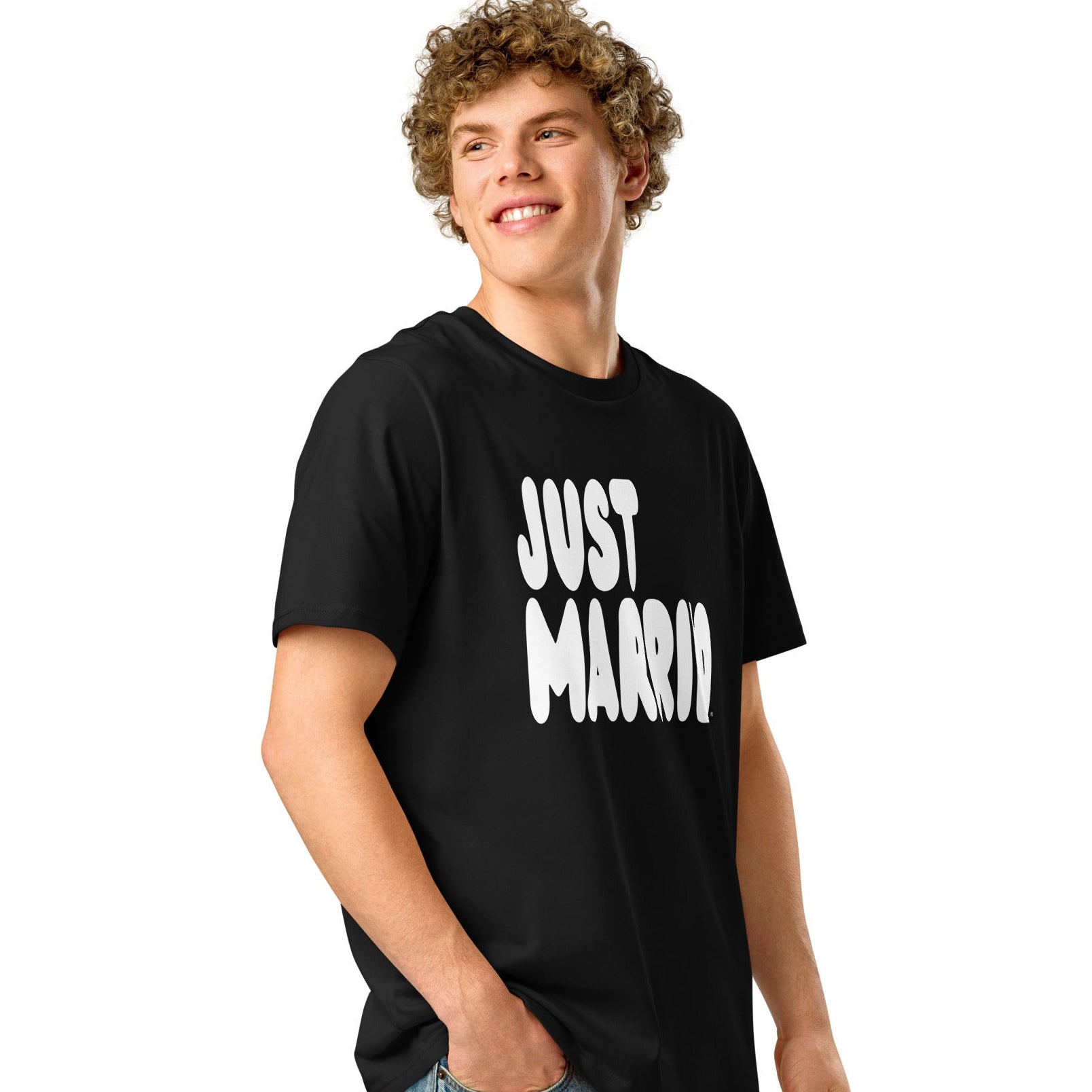 Man wearing Just Married Premium Unisex T-Shirt in Black Side View
