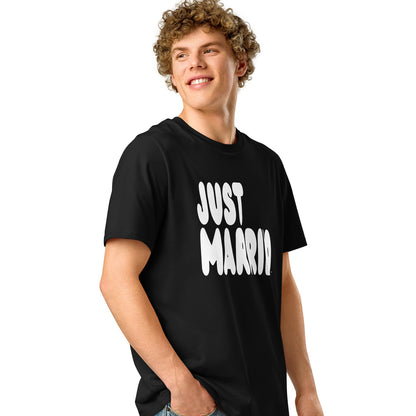 Man wearing Just Married Premium Unisex T-Shirt in Black Side View