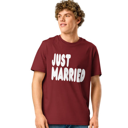 Man wearing Just Married Premium Unisex T-Shirt in Burgundy