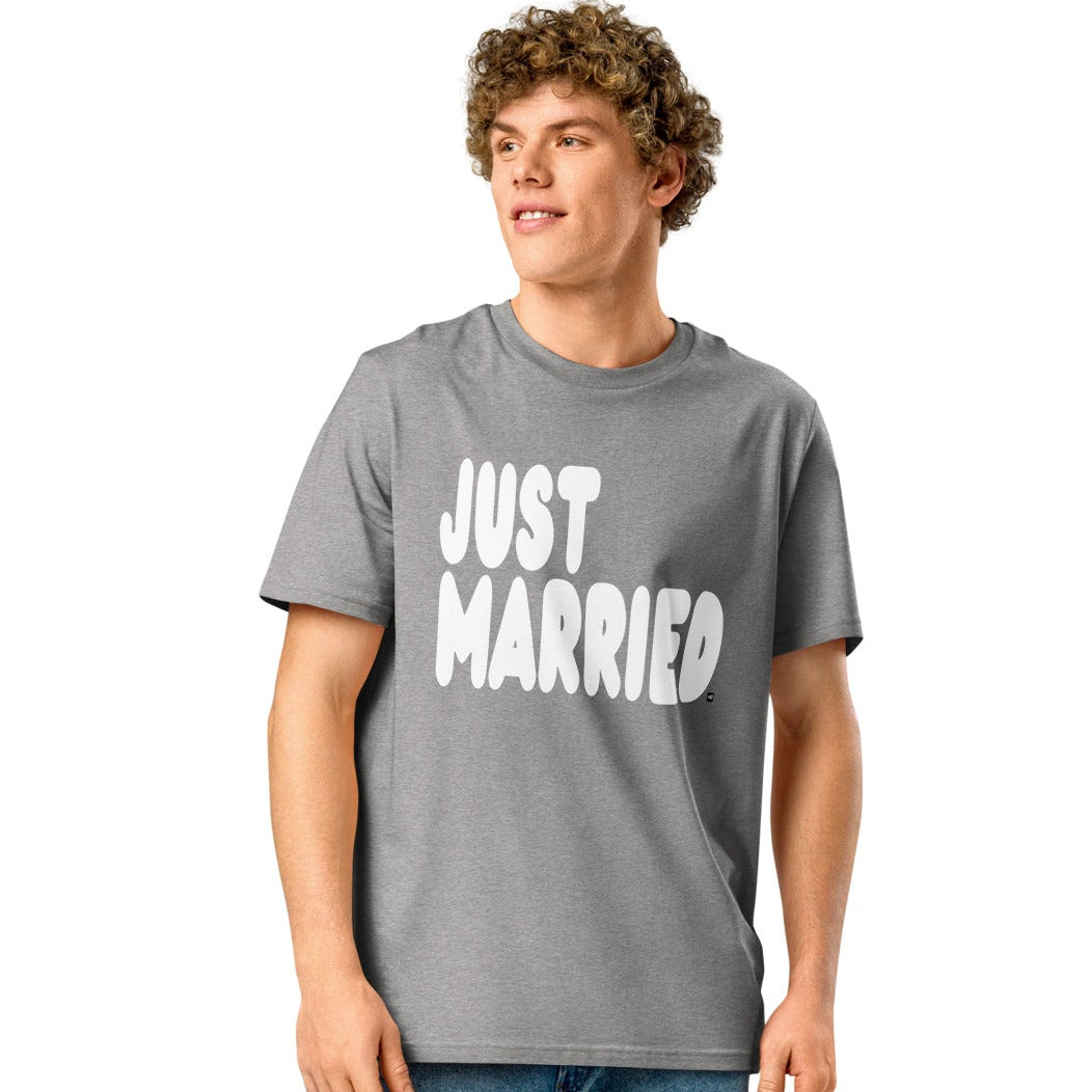 Man wearing Just Married Premium Unisex T-Shirt in Grey