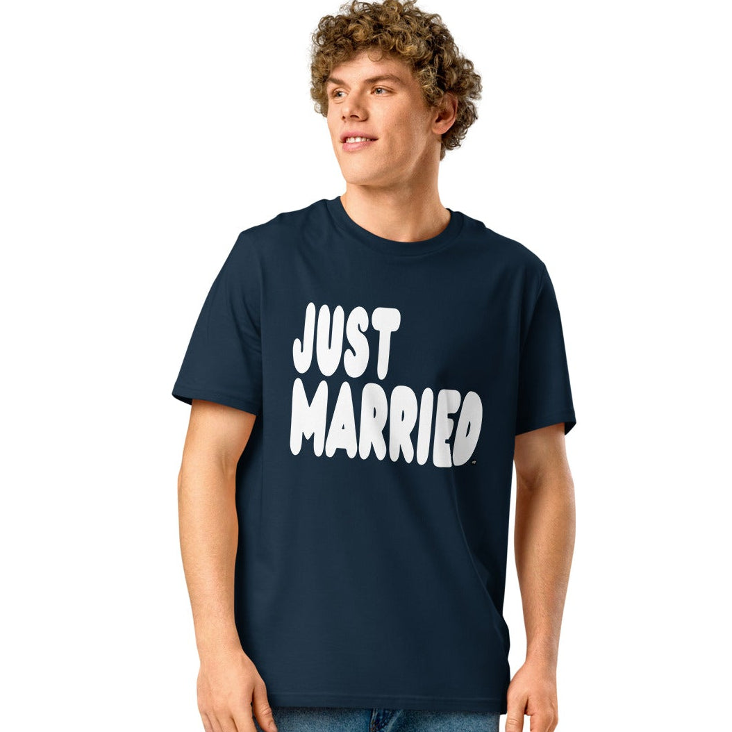Man wearing Just Married Premium Unisex T-Shirt in Navy Blue