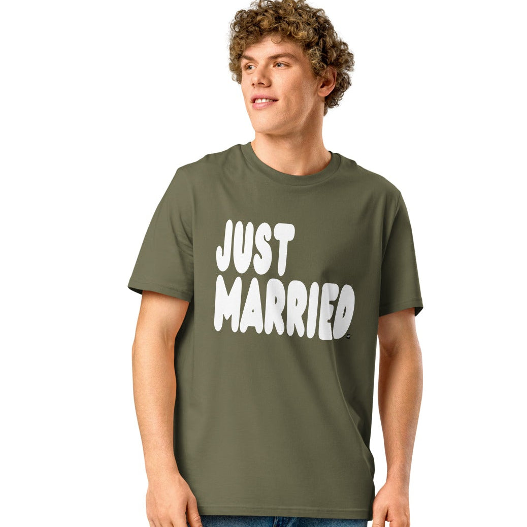 Man wearing Just Married Premium Unisex T-Shirt in Olive Green