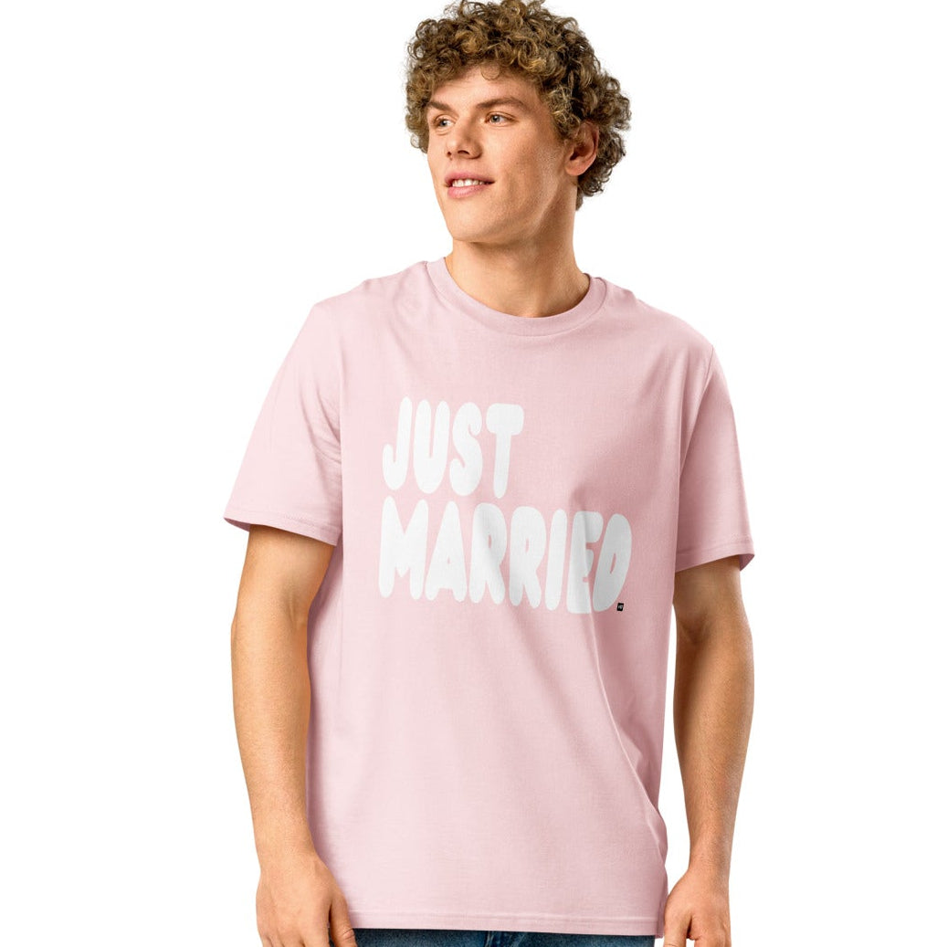 Man wearing Just Married Premium Unisex T-Shirt in Pink