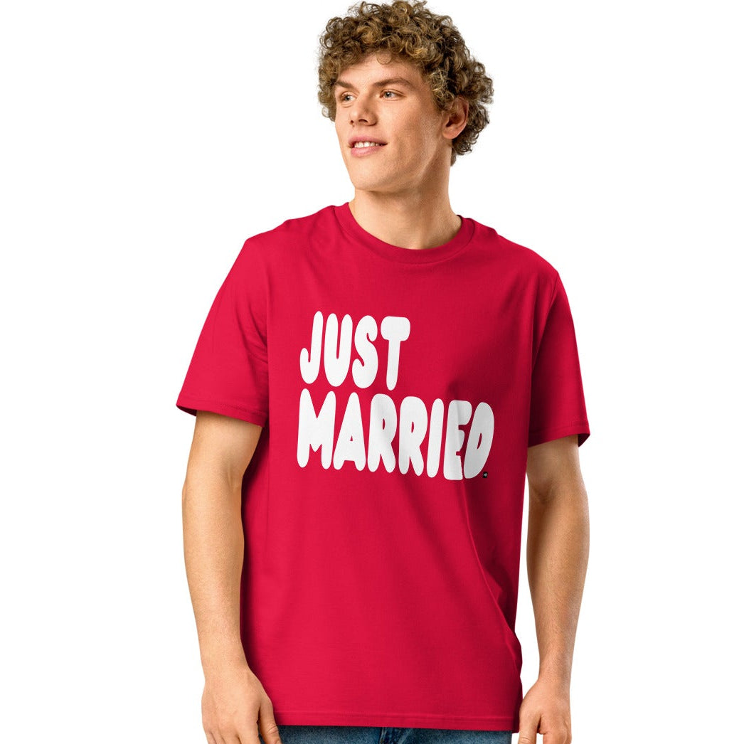Man wearing Just Married Premium Unisex T-Shirt in Red