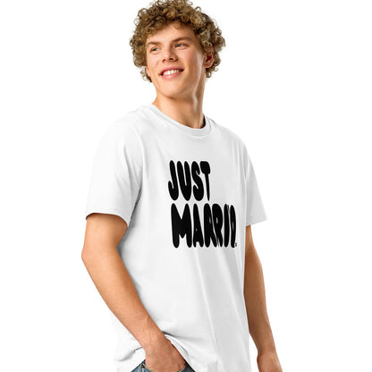 Man wearing Just Married Premium Unisex White T-Shirt Side