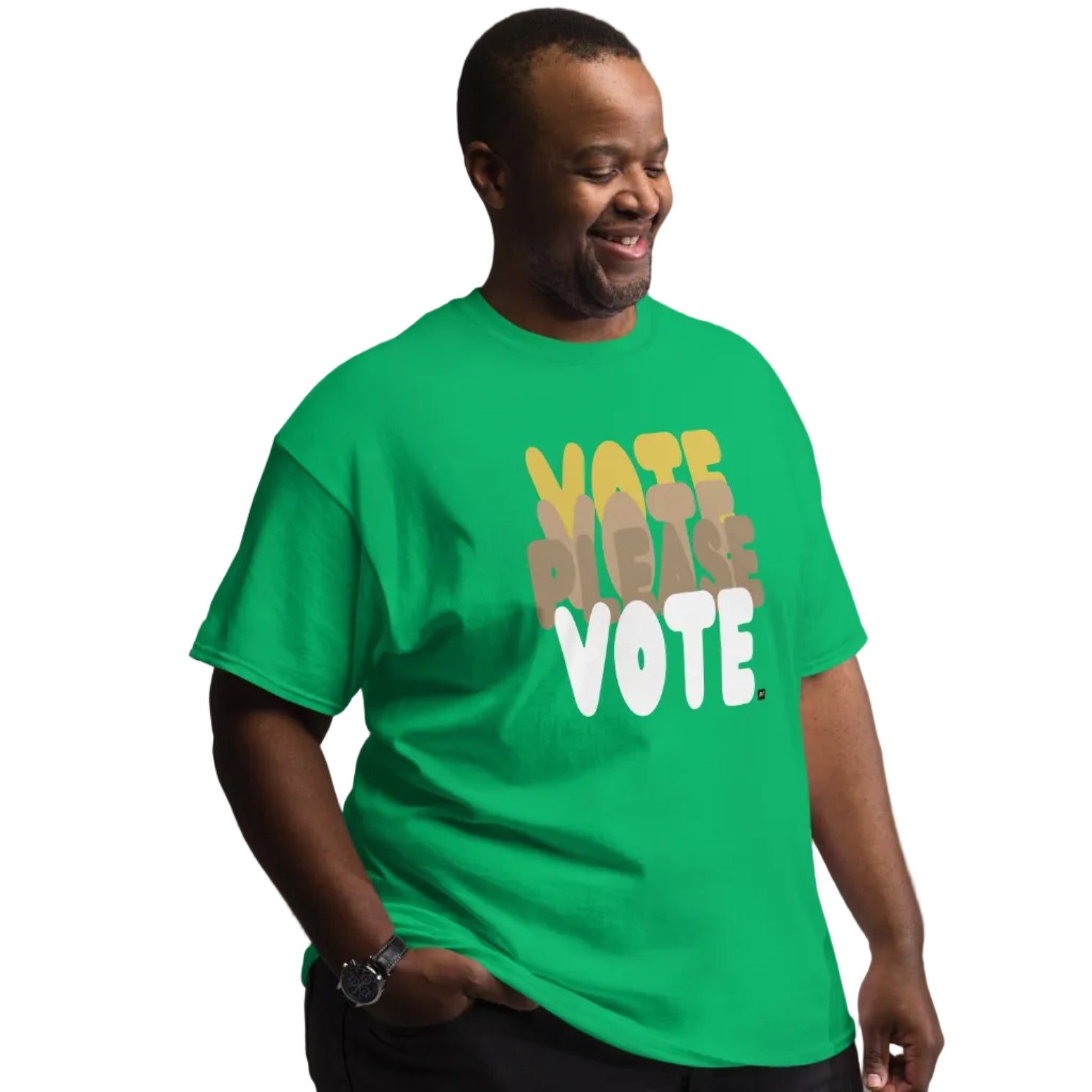 Man wearing Please Vote in Green Spaces Unisex T-Shirt from the APWT Gift Shop Inclusive Sizing
