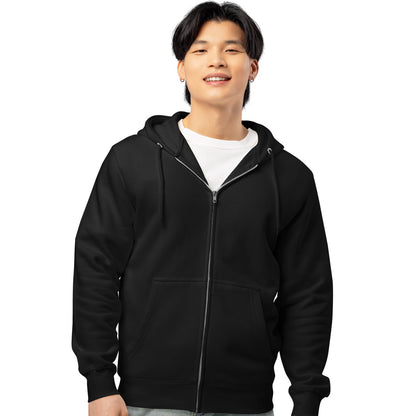 Man wearing The Best Man's Hoodie Premium Unisex Zip-Up Hoodie in Black Front View