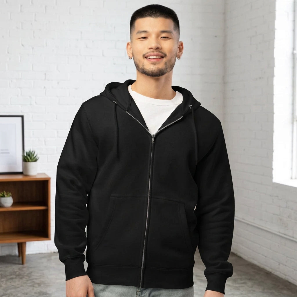 Man wearing The APWT Gift Shop's Best Man's Hoodie Premium Unisex Zip-Up Hoodie from the APWT Wedding Shop and the Premium Basics Collection in Black - Front View