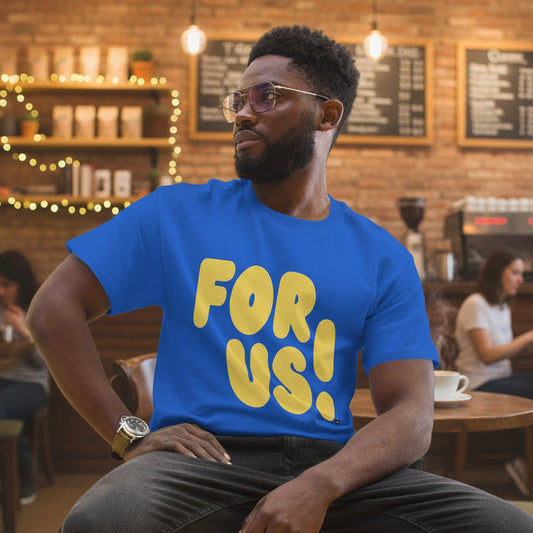 Man wearing The For Us in Blue and Yellow Unisex T-Shirt from the APWT Gift Shop