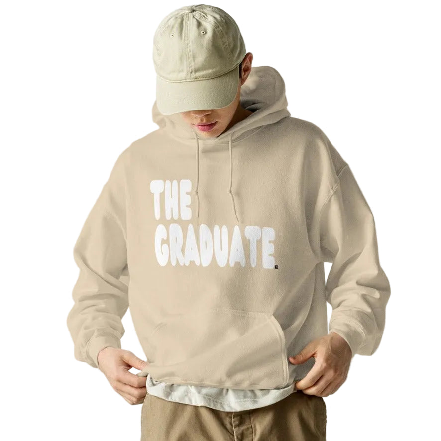 Man wearing The Graduate Unisex Hoodie in Beige from the APWT Gift Shop