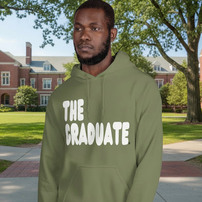 Man wearing The Graduate Unisex Hoodie in Olive Green from the APWT Gift Shop