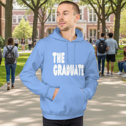 Man wearing The Graduate Unisex Hoodie in light Blue from the APWT Gift Shop