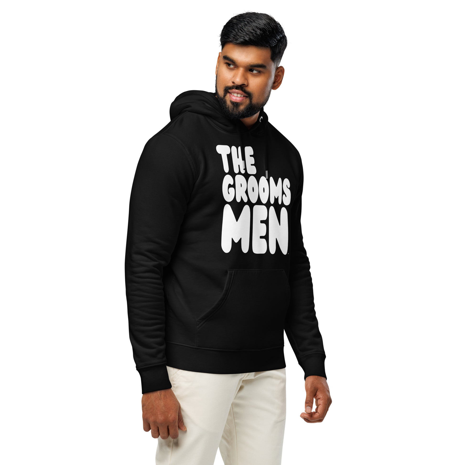 Man wearing The Groomsmen Premium Unisex Hoodie in Black