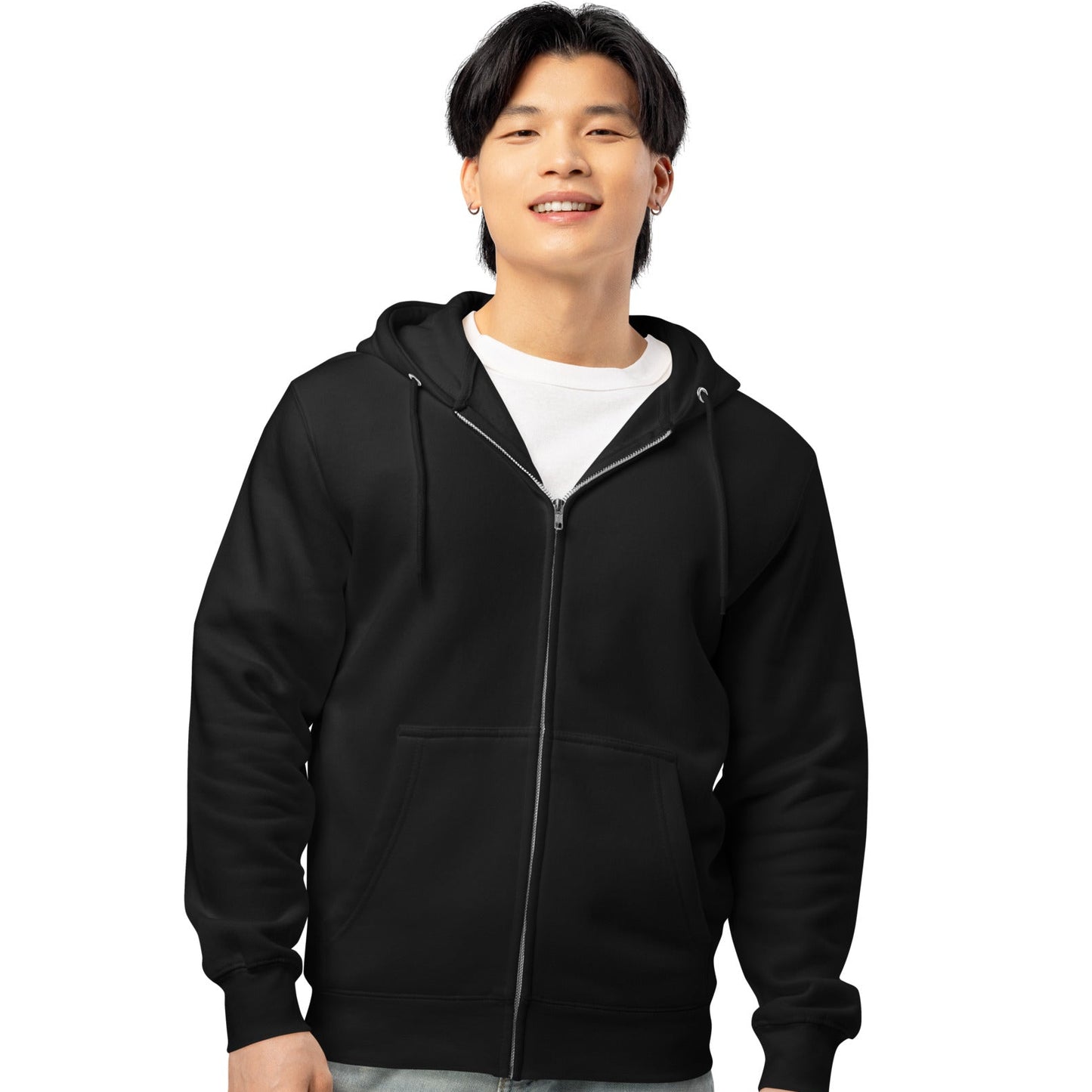 Man wearing The Groomsmen Premium Unisex Zip-Up Hoodie in Black