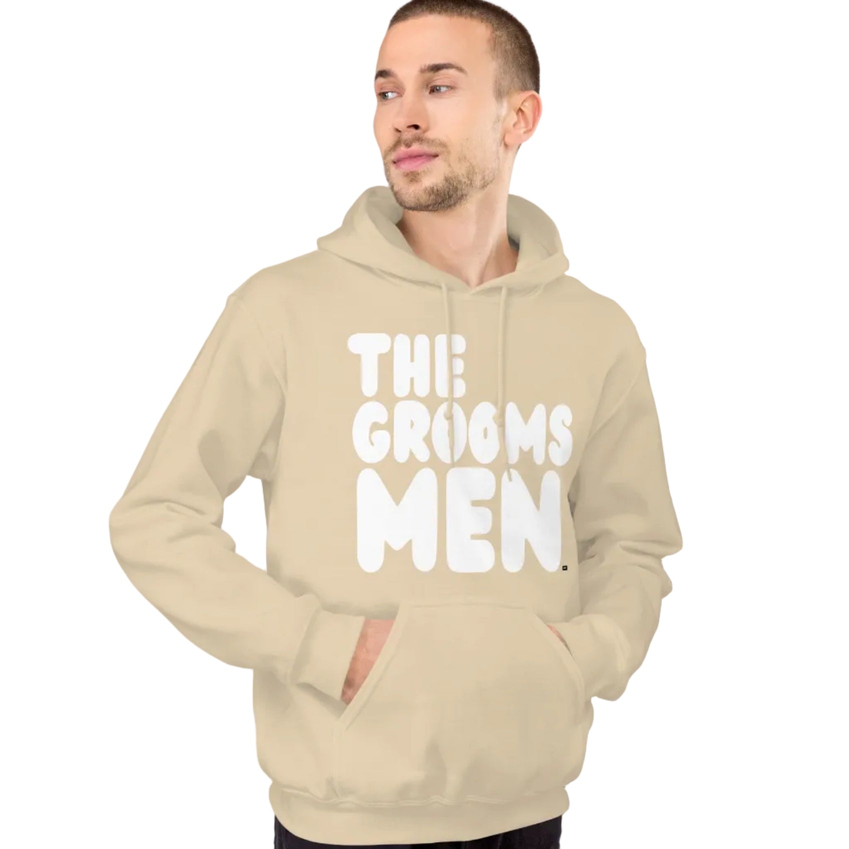 Man wearing The Groomsmen Unisex Hoodie in Beige