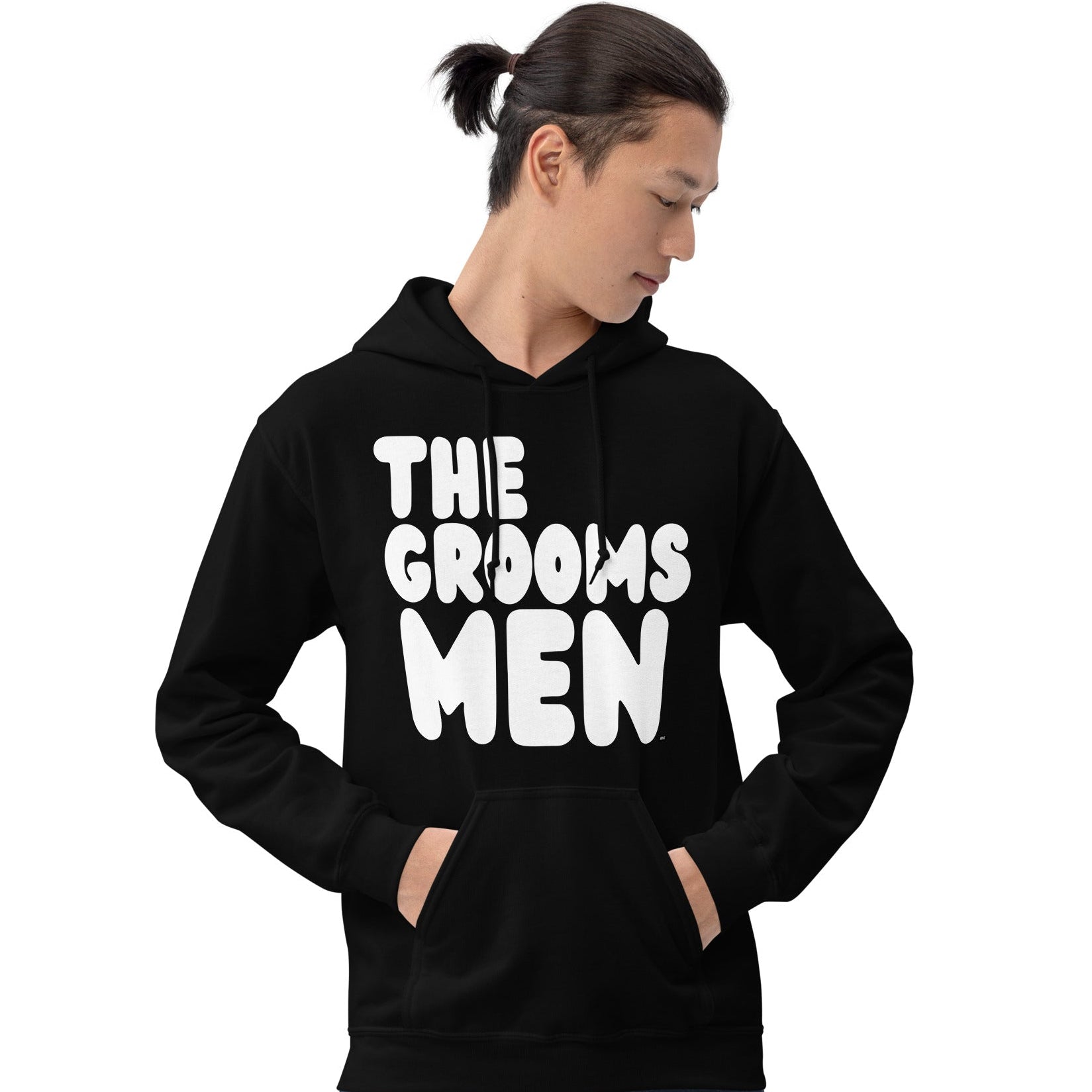 Man wearing The Groomsmen Unisex Hoodie in Black