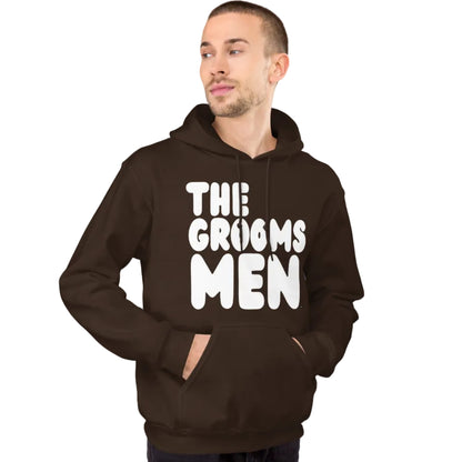 Man wearing The Groomsmen Unisex Hoodie in Brown