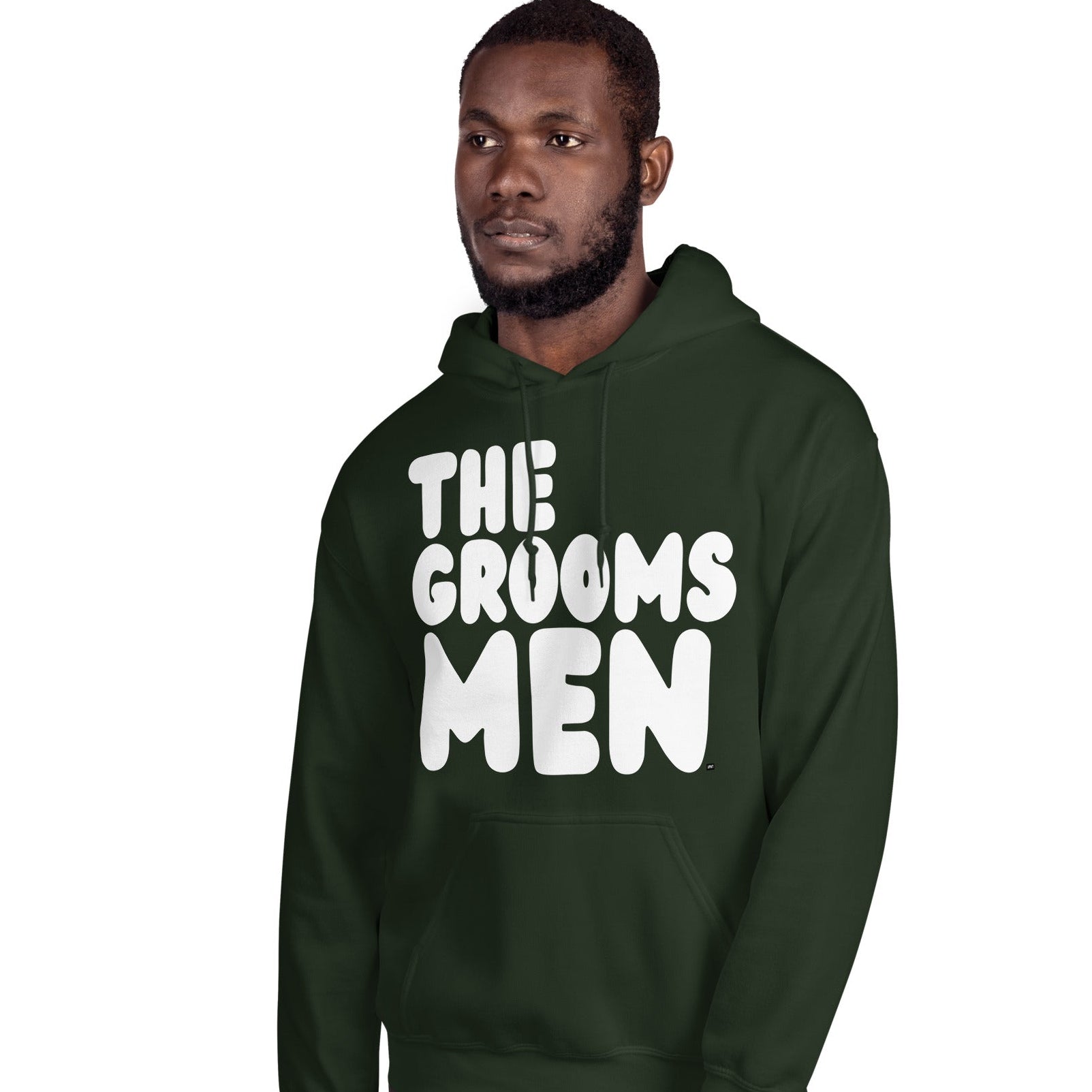Man wearing The Groomsmen Unisex Hoodie in Forest Green