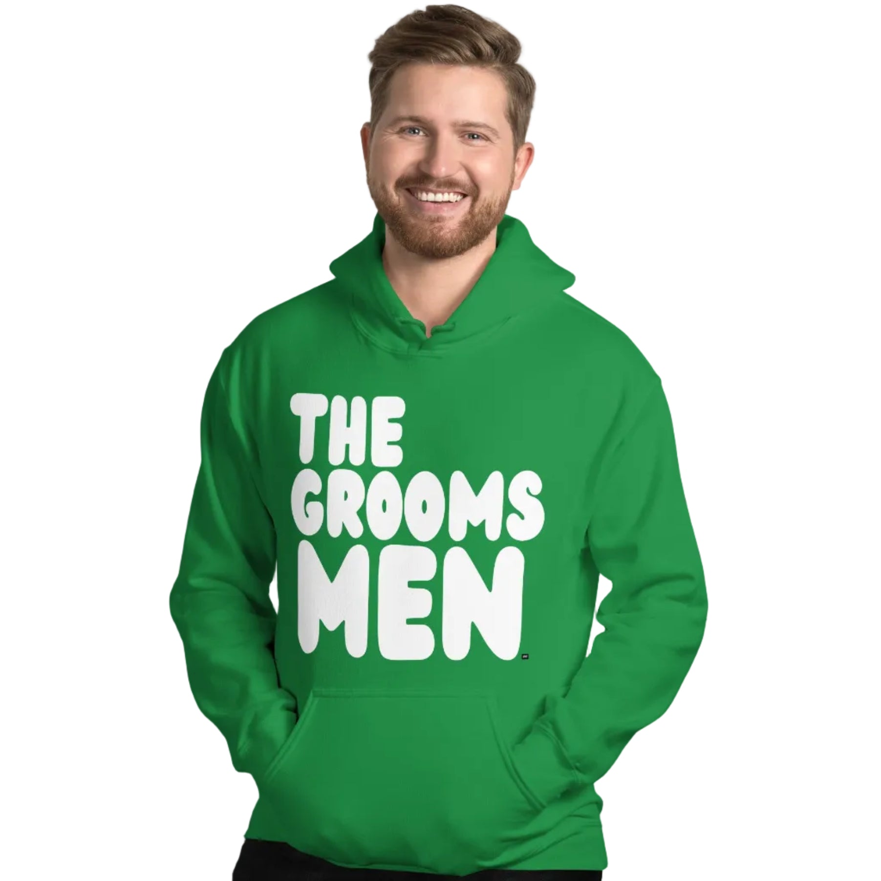 Man wearing The Groomsmen Unisex Hoodie in Green