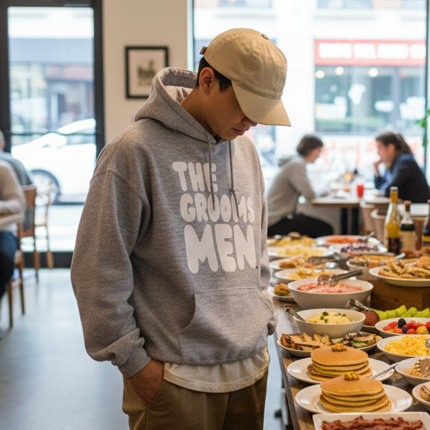Man wearing The Groomsmen Unisex Hoodie in Grey