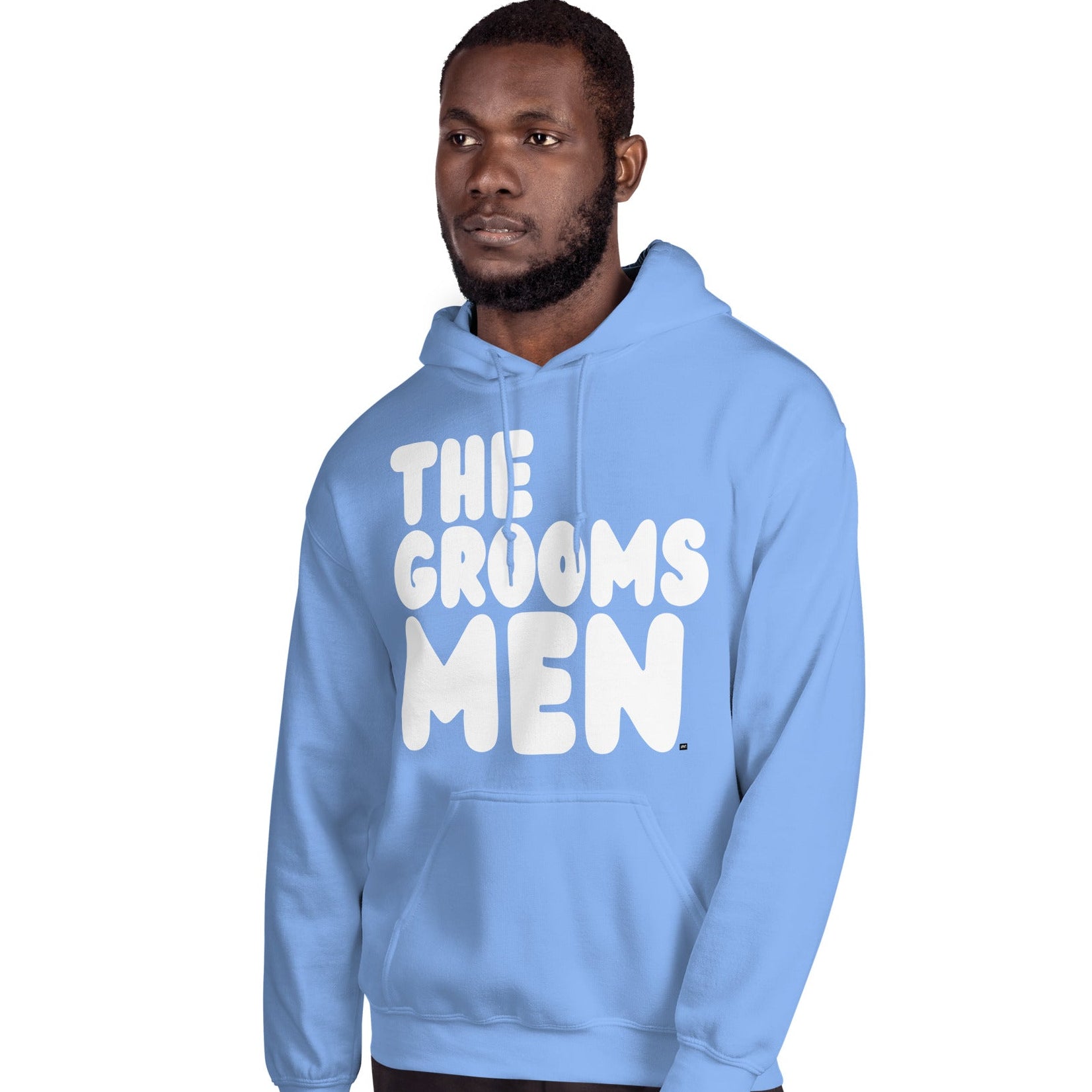 Man wearing The Groomsmen Unisex Hoodie in Light Blue
