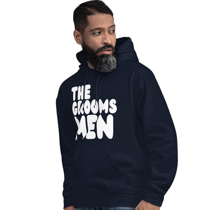 Man wearing The Groomsmen Unisex Hoodie in Navy Blue