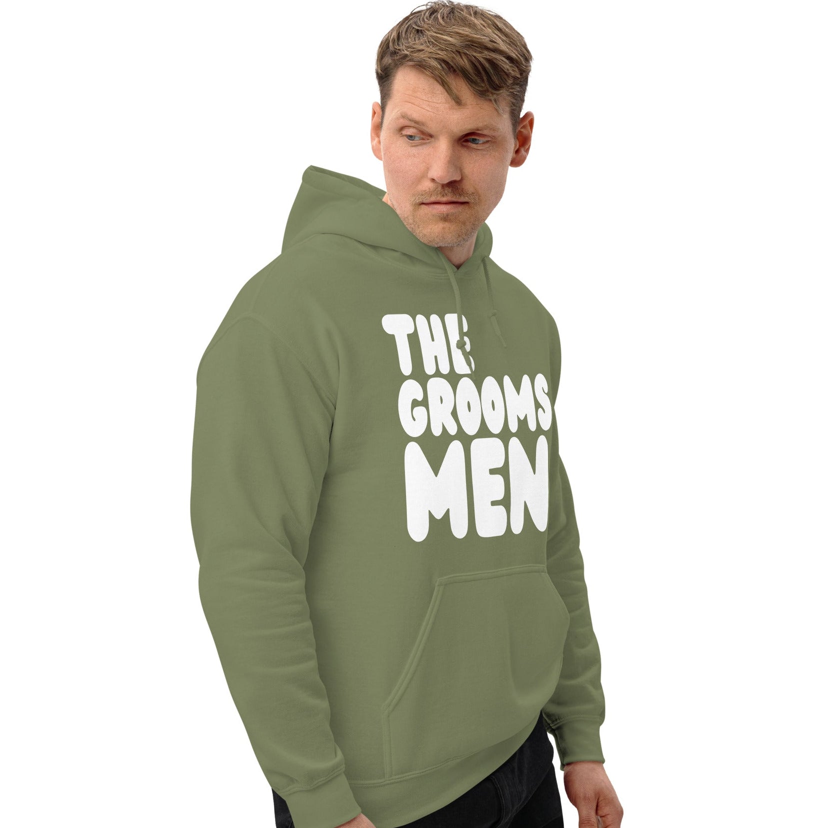 Man wearing The Groomsmen Unisex Hoodie in Olive Green