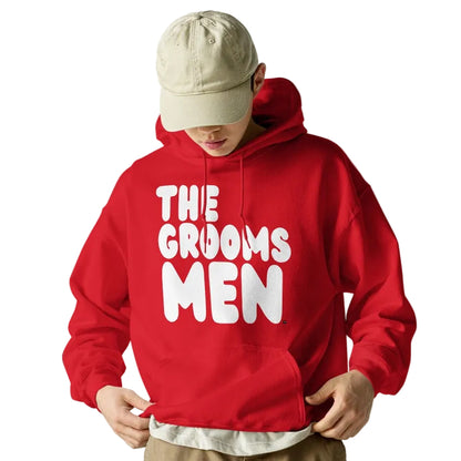 Man wearing The Groomsmen Unisex Hoodie in Red