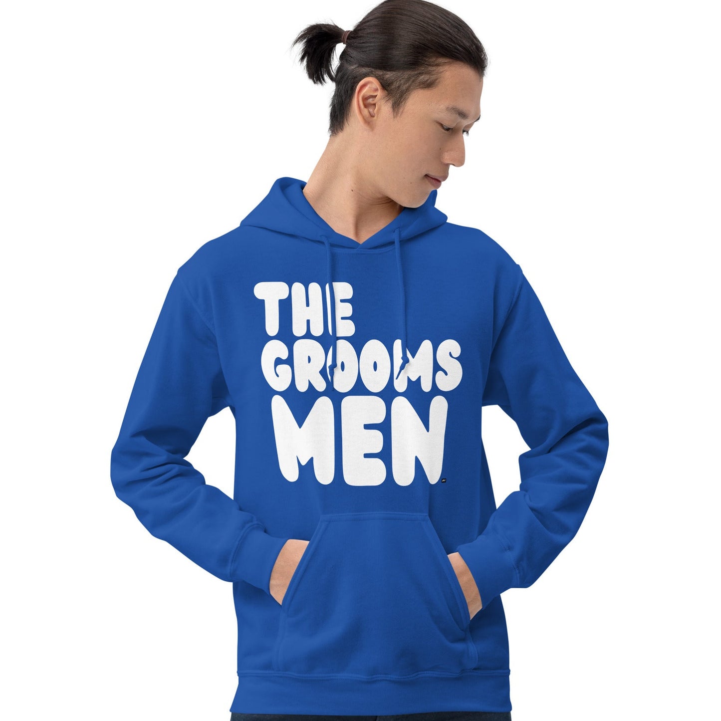 Man wearing The Groomsmen Unisex Hoodie in Royal Blue