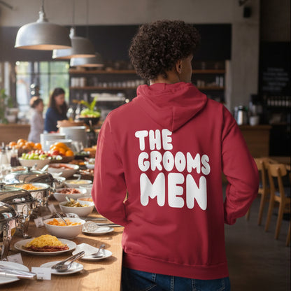 Man wearing The Groomsmen Unisex Zip-Up Hoodie in Apple Red