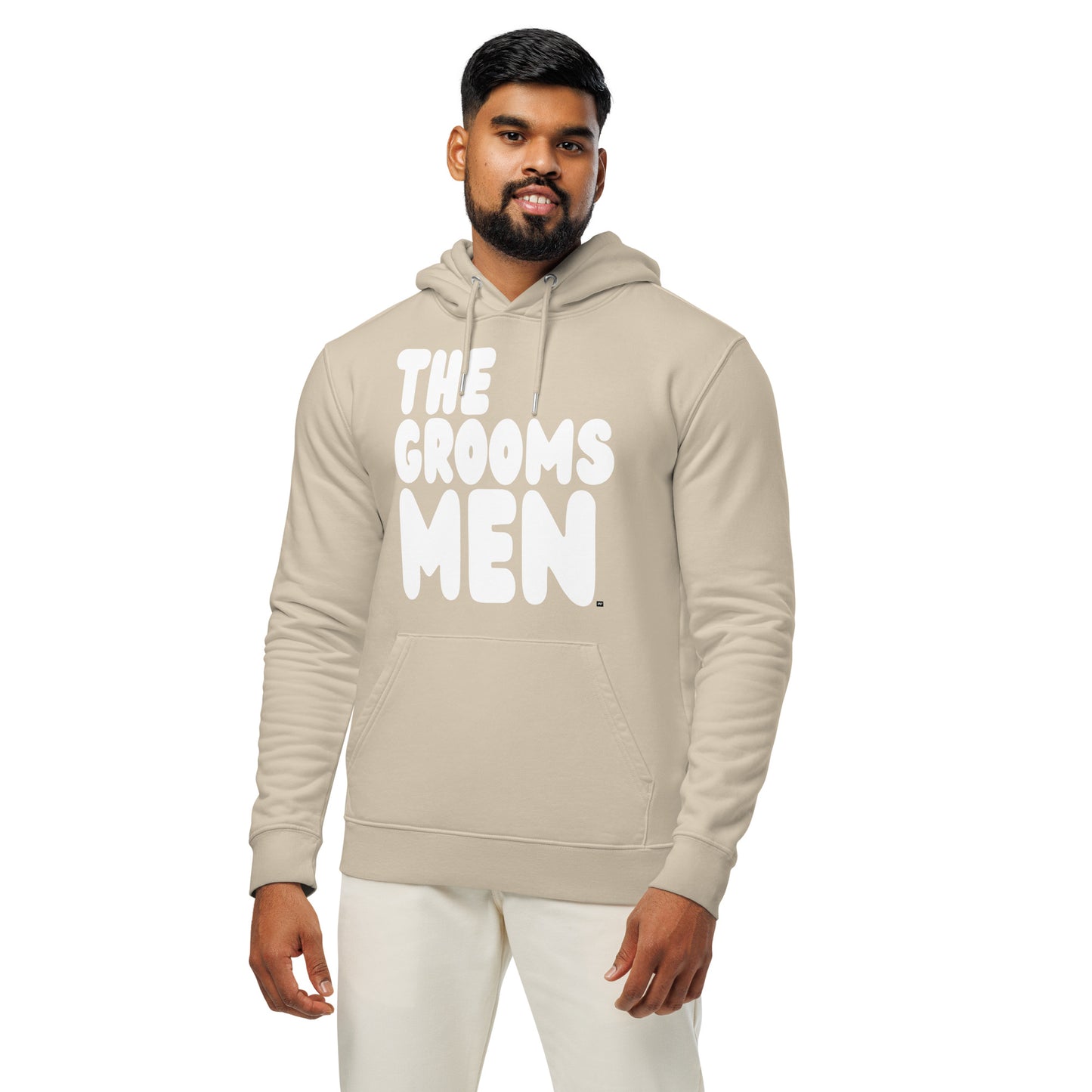 Man wearing the Groomsmen Premium Unisex Hoodie in Beige