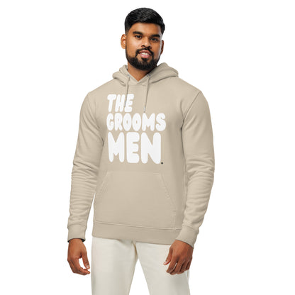 Man wearing the Groomsmen Premium Unisex Hoodie in Beige