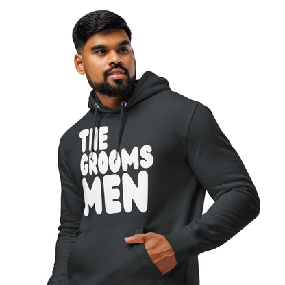 Man wearing the Groomsmen Premium Unisex Hoodie in Dark Grey