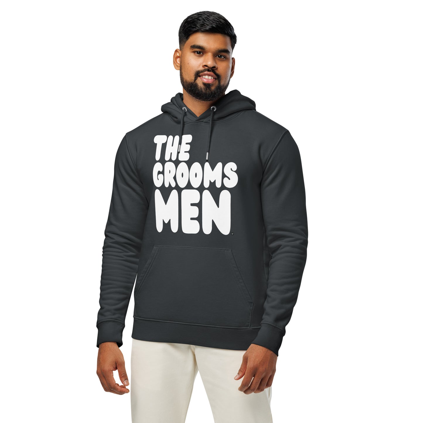 Man wearing the Groomsmen Premium Unisex Hoodie in Dark Grey