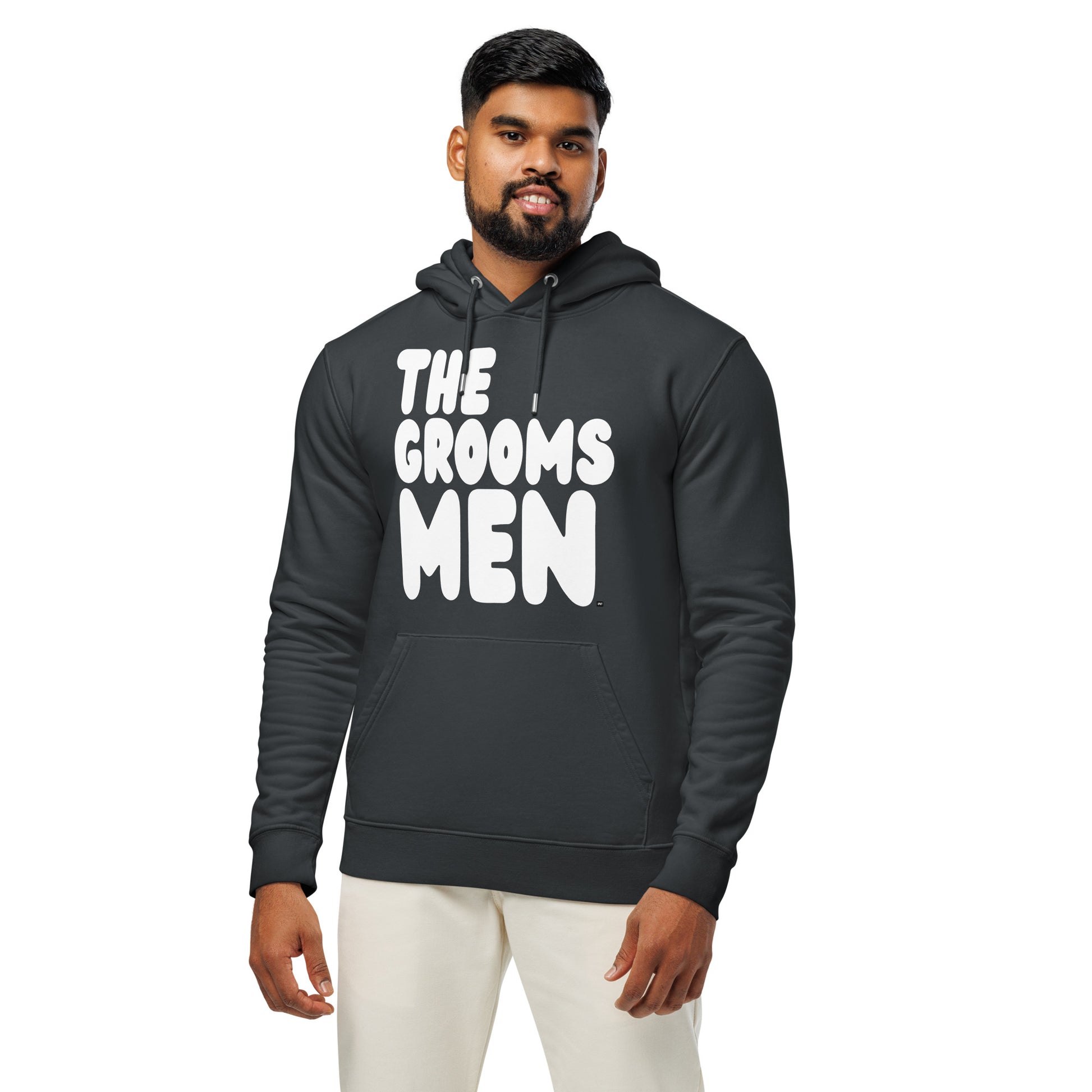 Man wearing the Groomsmen Premium Unisex Hoodie in Dark Grey