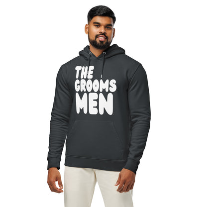 Man wearing the Groomsmen Premium Unisex Hoodie in Dark Grey