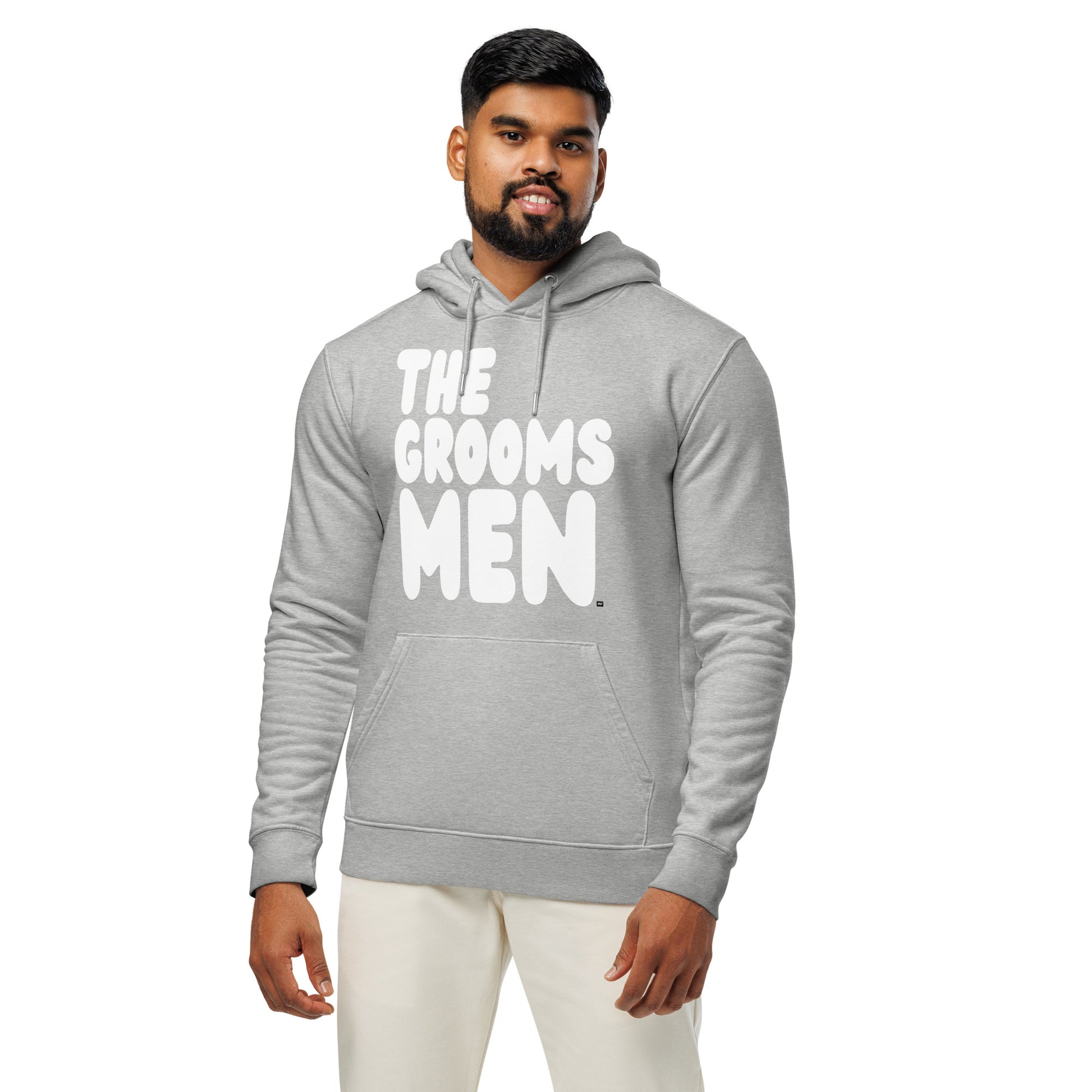 Man wearing the Groomsmen Premium Unisex Hoodie in Grey