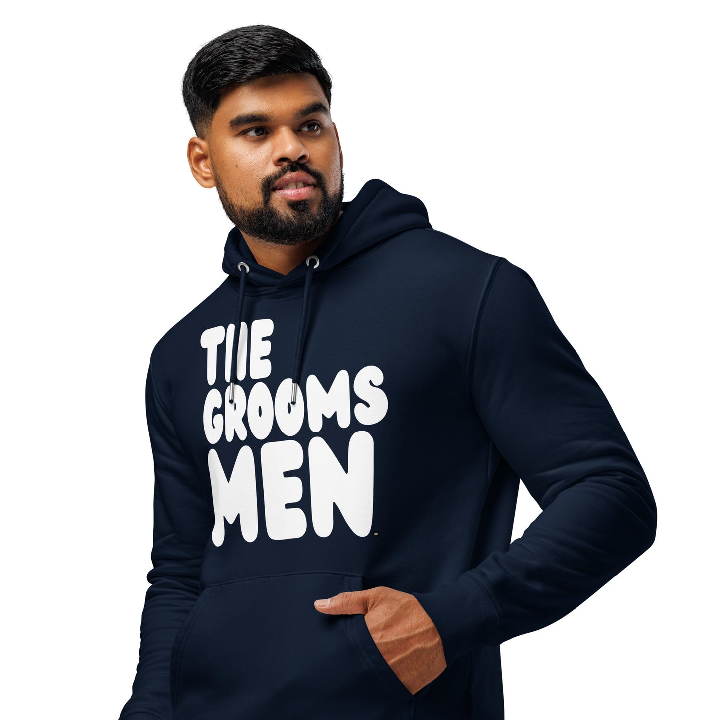 Man wearing the Groomsmen Premium Unisex Hoodie in Navy Blue