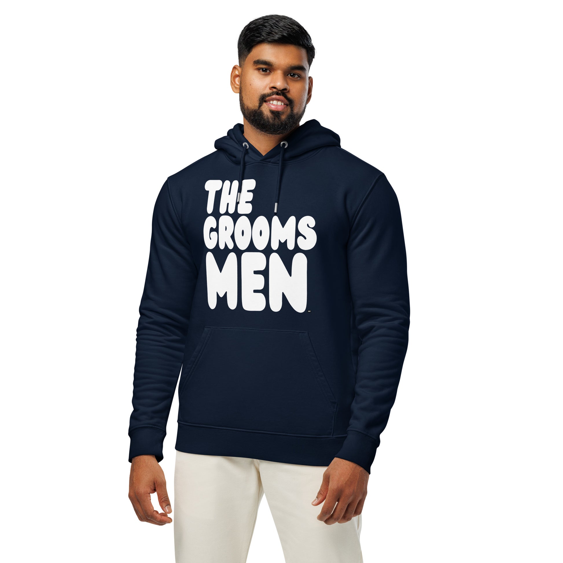 Man wearing the Groomsmen Premium Unisex Hoodie in Navy Blue