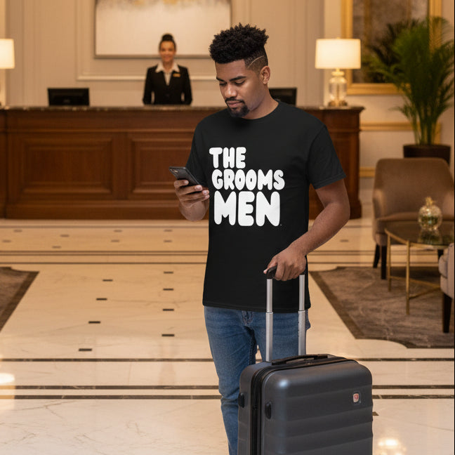 Man wearing the Groomsmen Unisex T-Shirt in Black