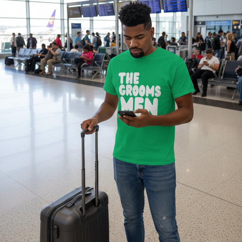Man wearing the Groomsmen Unisex T-Shirt in Green
