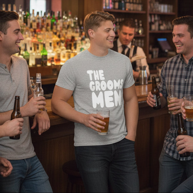 Man wearing the Groomsmen Unisex T-Shirt in Grey