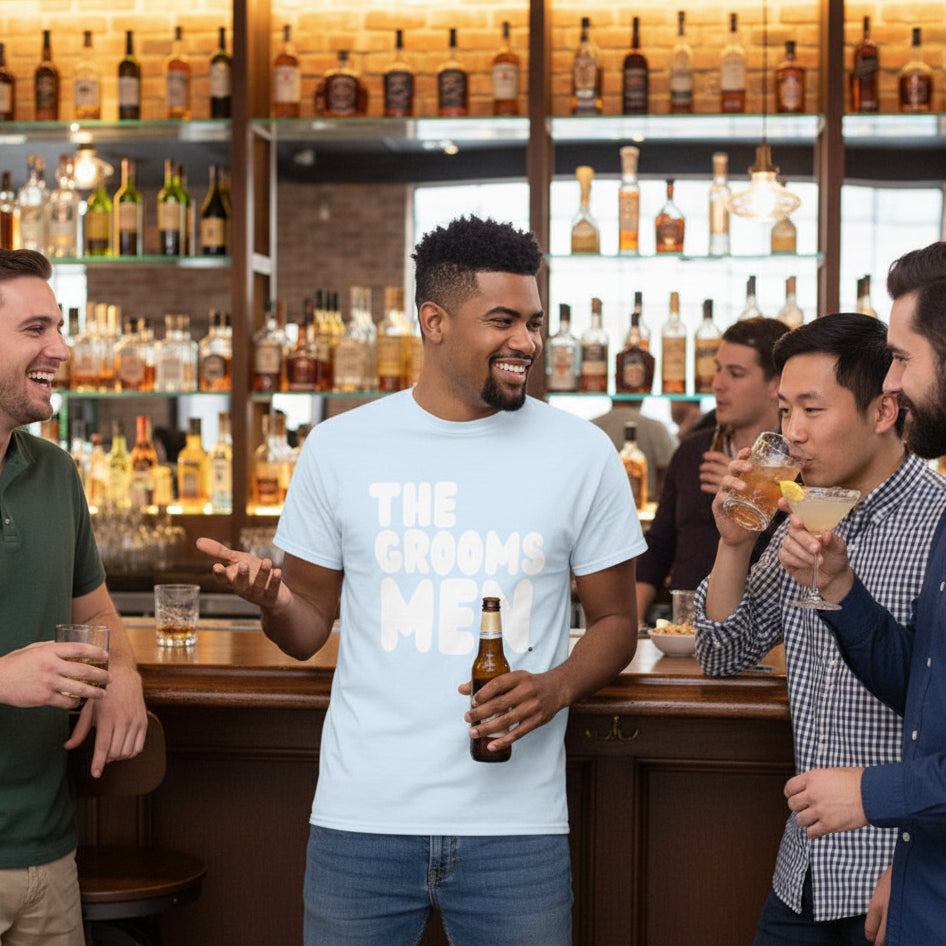 Man wearing the Groomsmen Unisex T-Shirt in Light Blue