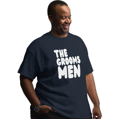 Man wearing the Groomsmen Unisex T-Shirt in Navy Blue